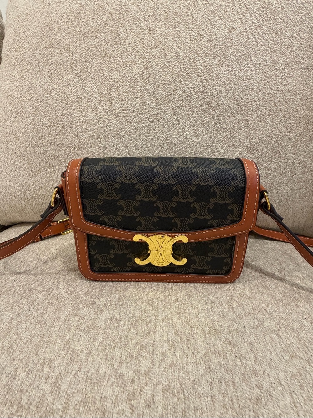 Designer-Inspired Black and Brown Crossbody Bag with Gold Hardware